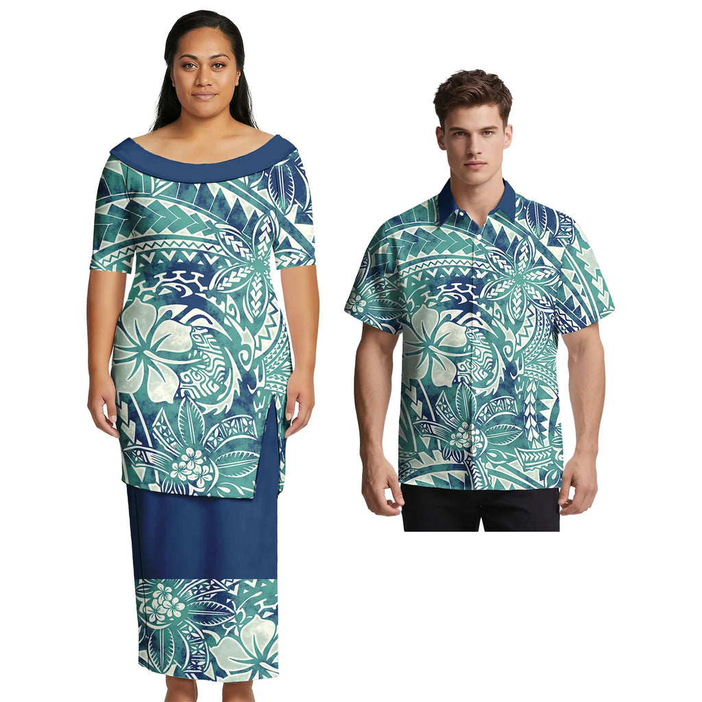 Asia & Pacific Islands Couple Clothing Custom Aloha Women Fashion Skirts Samoan Casual Men Shirts Tribal Matching Couple Outfits