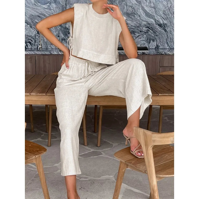 Fashion Cotton and Linen Suit Women's Clothing 2026 Spring and Summer New Shoulder Pads Sleeveless Top Trousers Two-piece Set