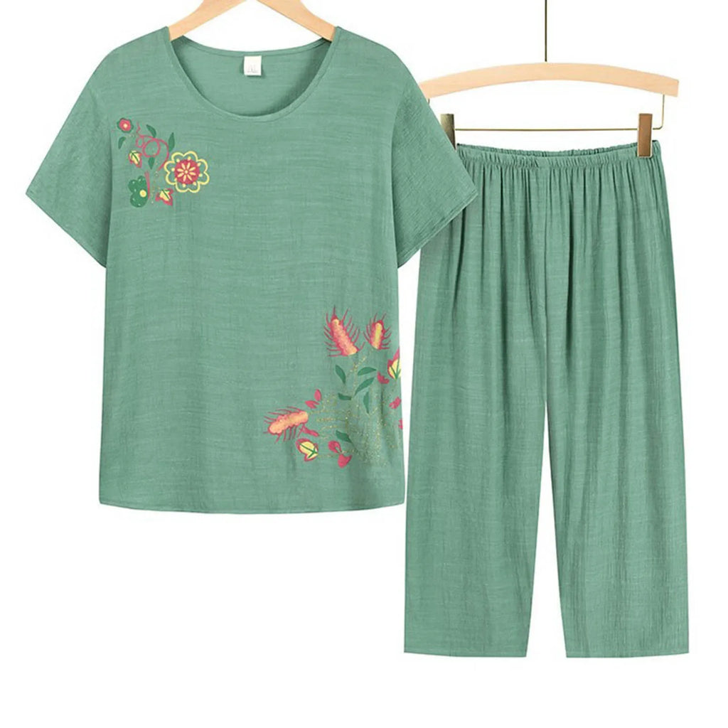 Middle-aged elderly women's short-sleeved t-shirt mother suit loose large size cotton linen two-piece suit 2025 new women set