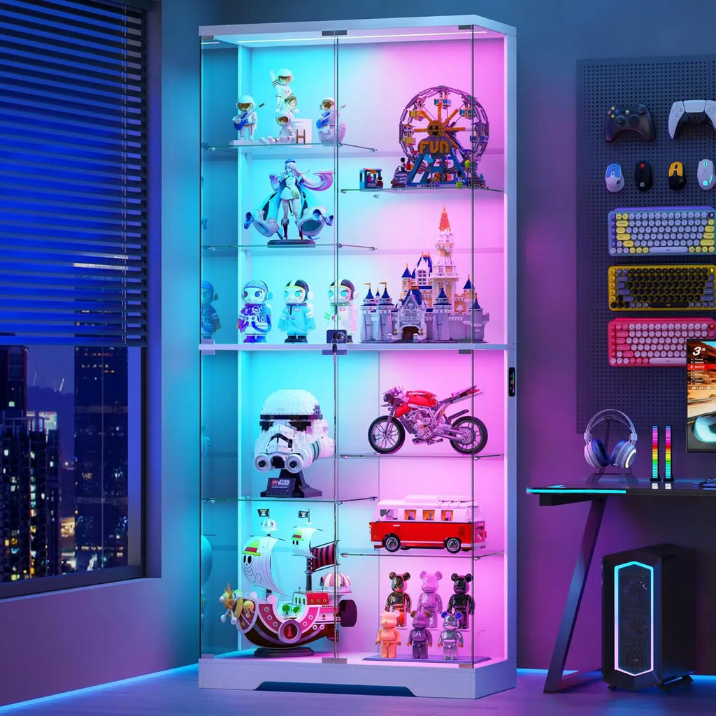 67''H Corner Curio Cabinet - with Glass Door, Lockable Glass Display Cabinet with RGB Motion Sensor Light, 5-Tier, Customized