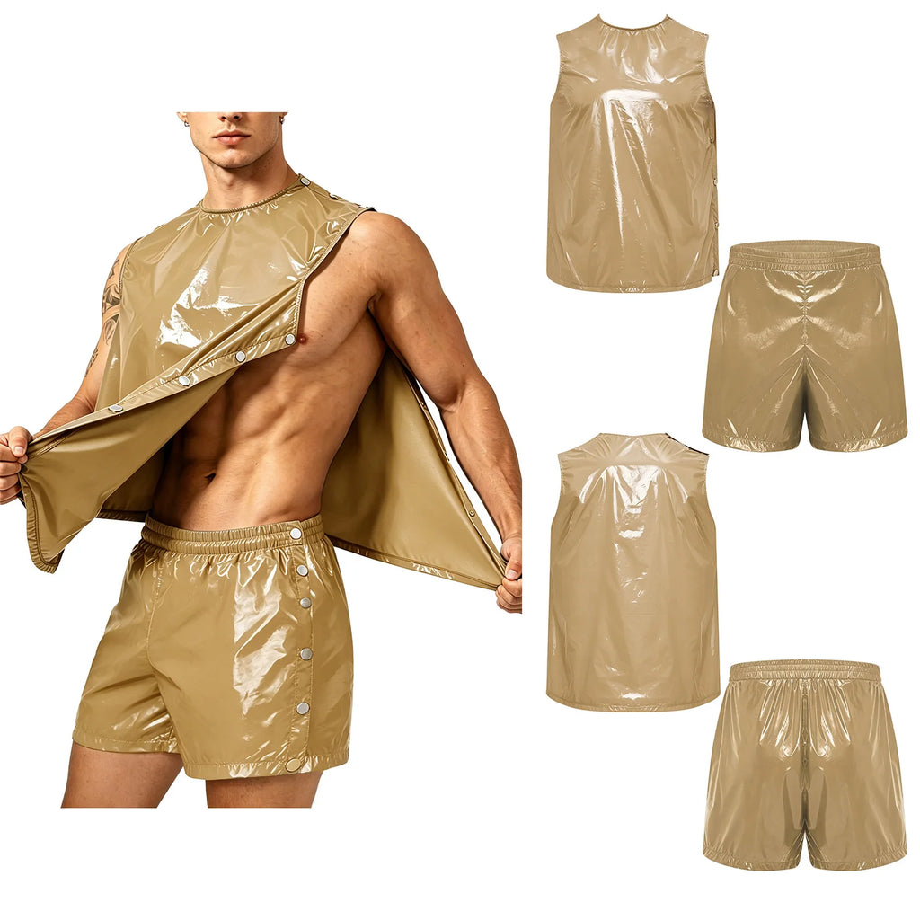 Men Waterproof Sweat 2 Piece Set Tank Top and Side Button Boxer Shorts Adaptive Clothing Quick Dry Breathable for Special Needs