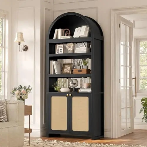 81" Tall Arched Cabinets,Bookcase with storage,Mid-Century Modern 6-Tier Bookshelf with Door,2 Book Risers and