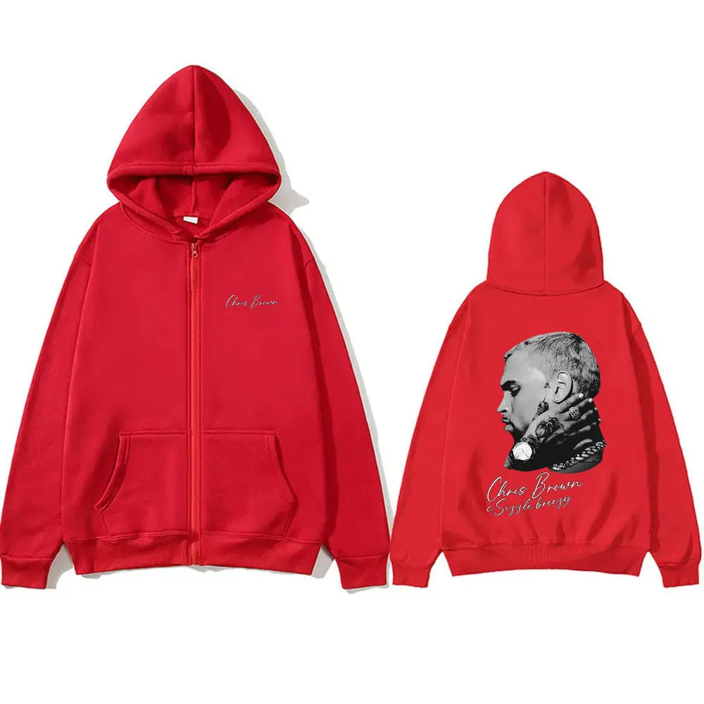 Rapper Chris Brown Hip Hop Fashion Zipper Hoodie Breezy Bowl XX Tour 2025 Zip Up Jacket Men Casual Retro Loose Zip Up Sweatshirt