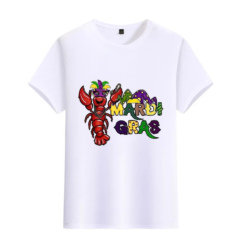 Men's Black Round-Neck Short-Sleeved T-Shirt, Carnival-Themed Printed Top, Casual Loose Fit, Trendy Item for Everyday Wear, Breathable and Comfortable, Polyester Fabric