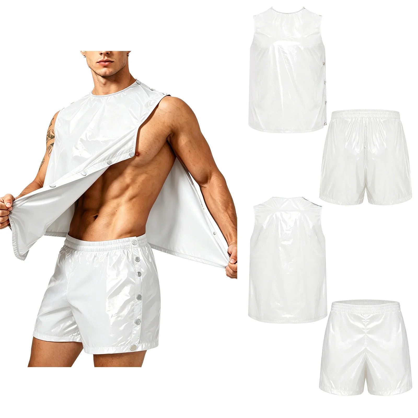 Men Waterproof Sweat 2 Piece Set Tank Top and Side Button Boxer Shorts Adaptive Clothing Quick Dry Breathable for Special Needs