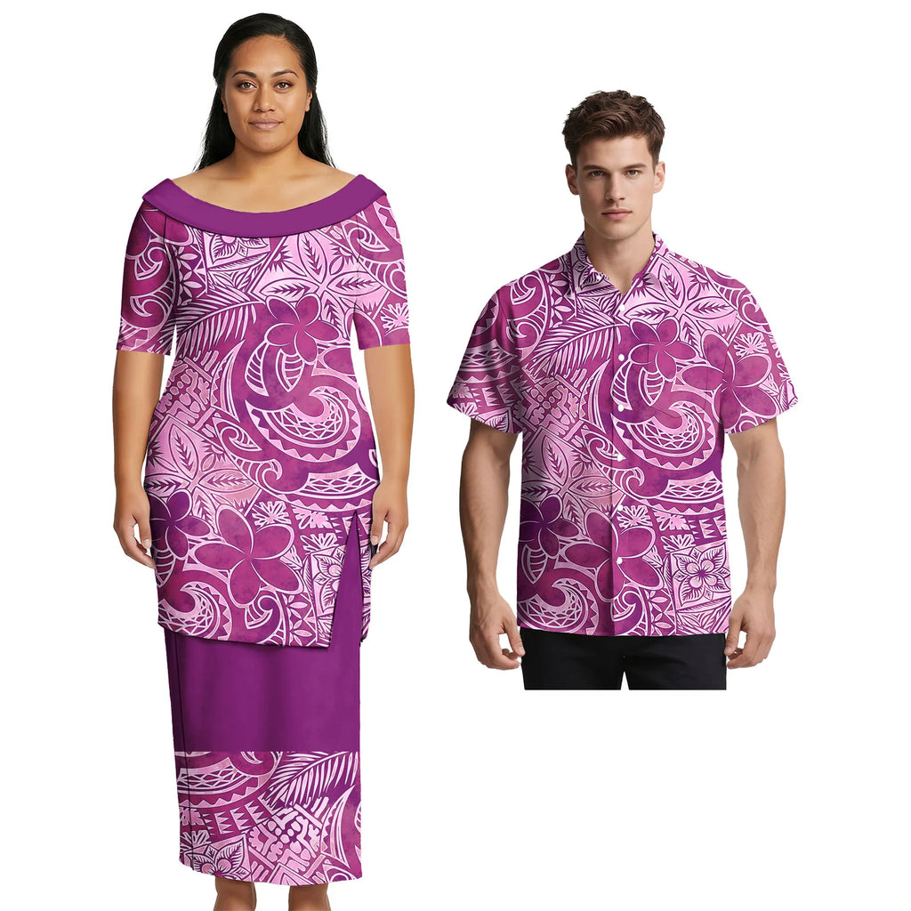 Asia & Pacific Islands Couple Clothing Custom Aloha Women Fashion Skirts Samoan Casual Men Shirts Tribal Matching Couple Outfits