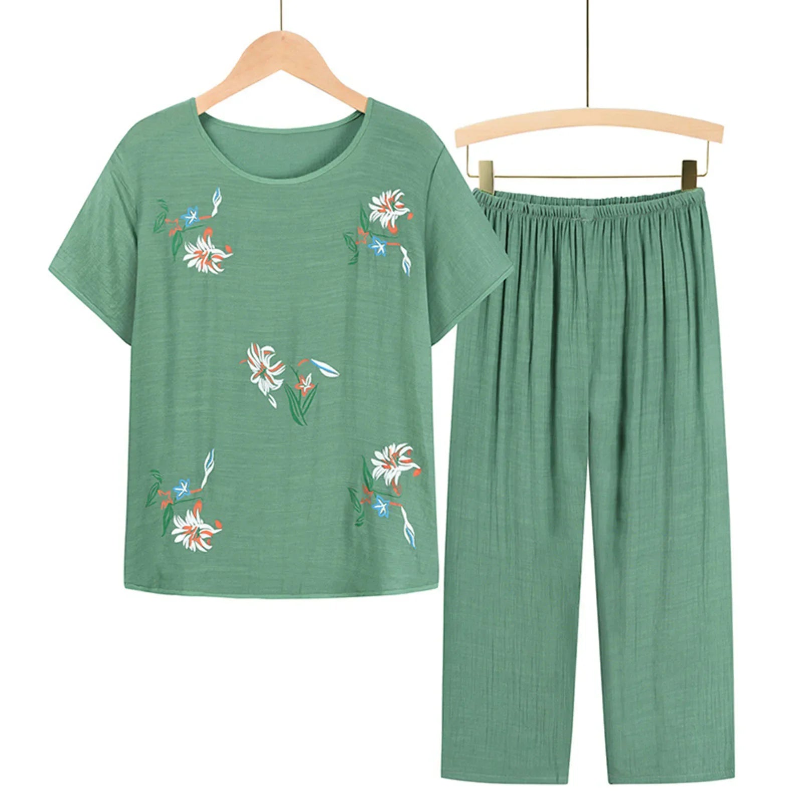 Middle-aged elderly women's short-sleeved t-shirt mother suit loose large size cotton linen two-piece suit 2025 new women set