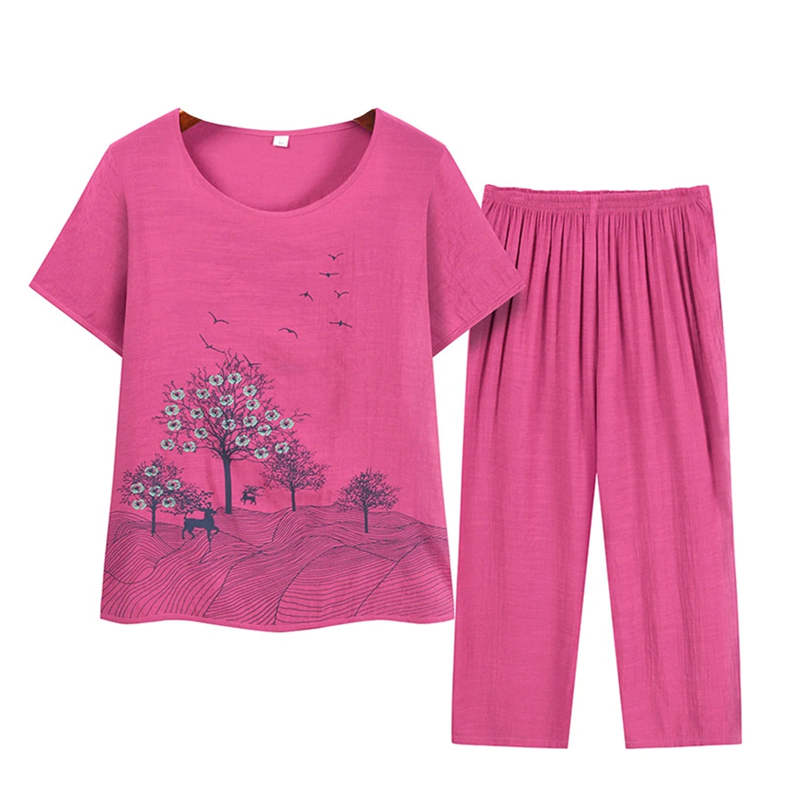 Middle-aged elderly women's short-sleeved t-shirt mother suit loose large size cotton linen two-piece suit 2025 new women set