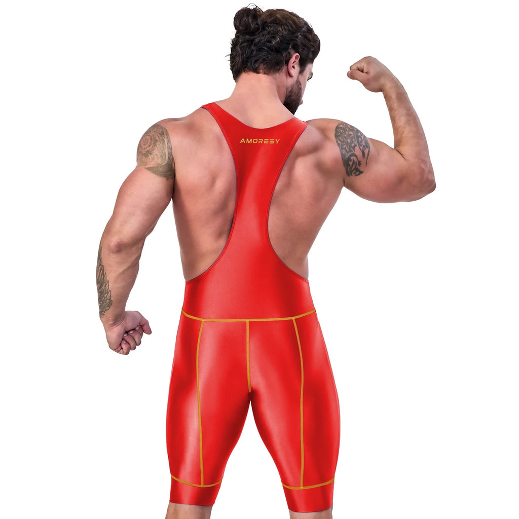 AMORESY Octavian Men Glossy Elastic Spandex Cycling Fitness Gymnastic Fitness Tracksuits Jumpsuits Activewear Bodysuits Swimwear