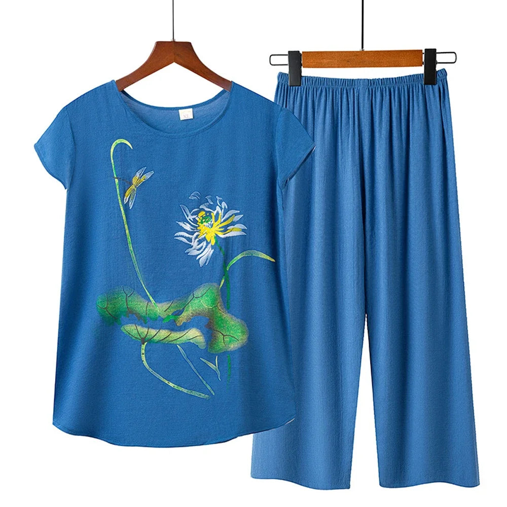 Middle-aged elderly women's short-sleeved t-shirt mother suit loose large size cotton linen two-piece suit 2025 new women set