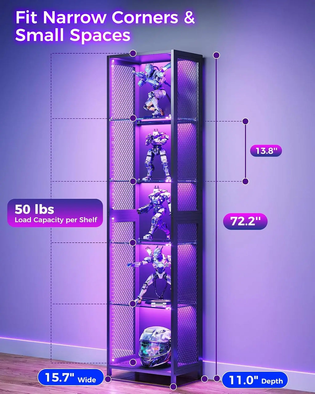 72" Tall Display Case with LED Lights, Corner Display Cabinet with Open Glass Shelves, 5-Tier Display Shelf with, Customized