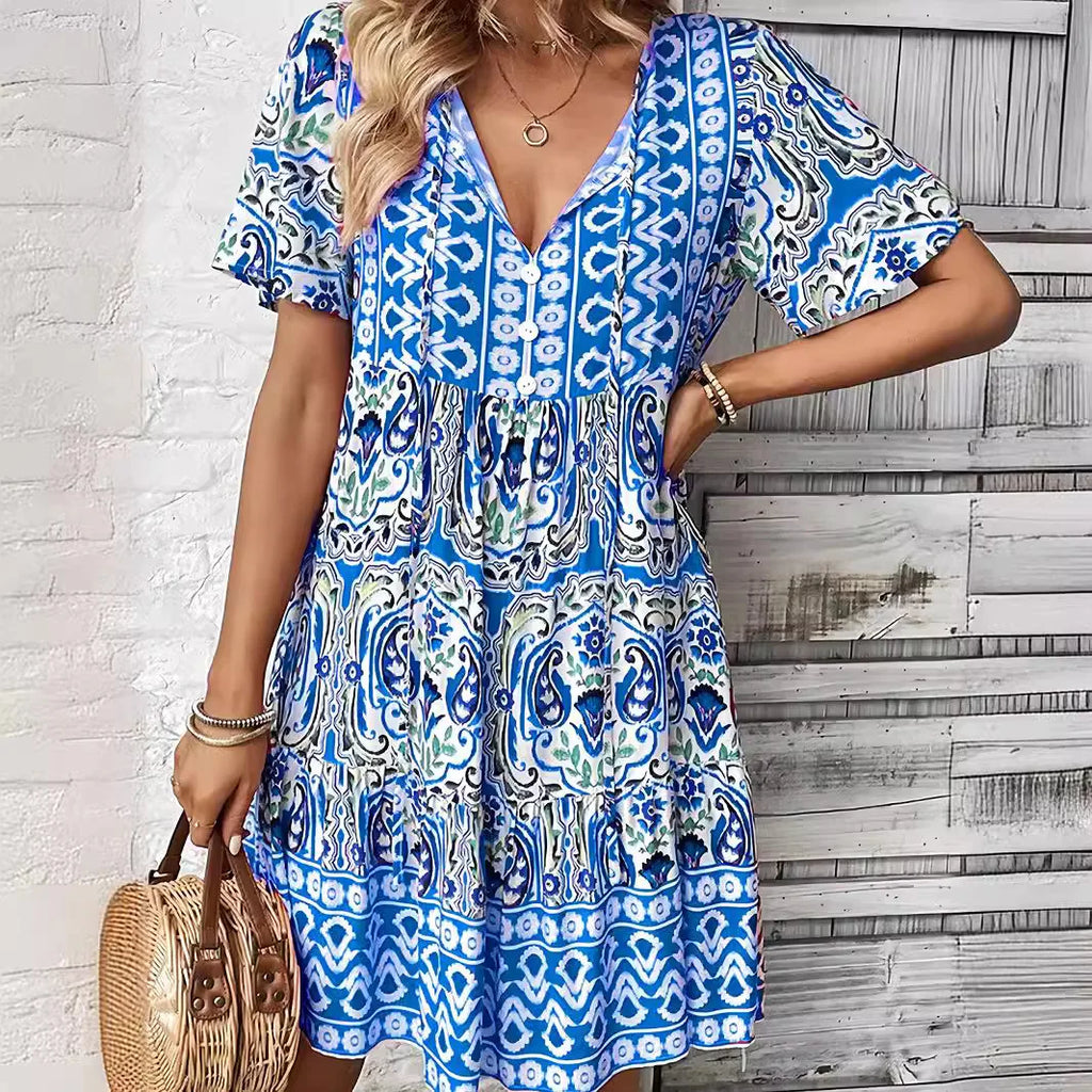 2026 Women's Clothing Floral Short Sleeve Loose Sexy Spring Summer Bohemian Casual Dress