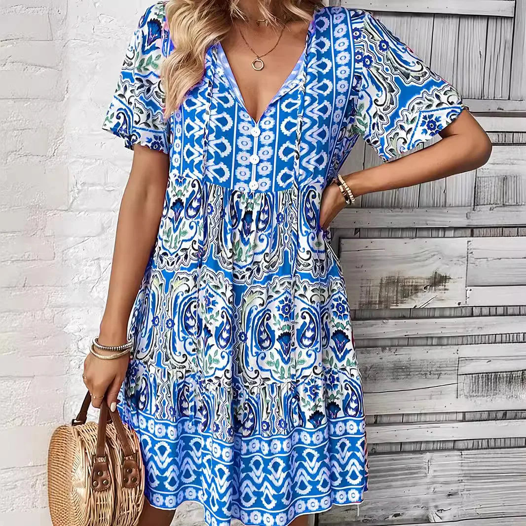 2026 Women's Clothing Floral Short Sleeve Loose Sexy Spring Summer Bohemian Casual Dress