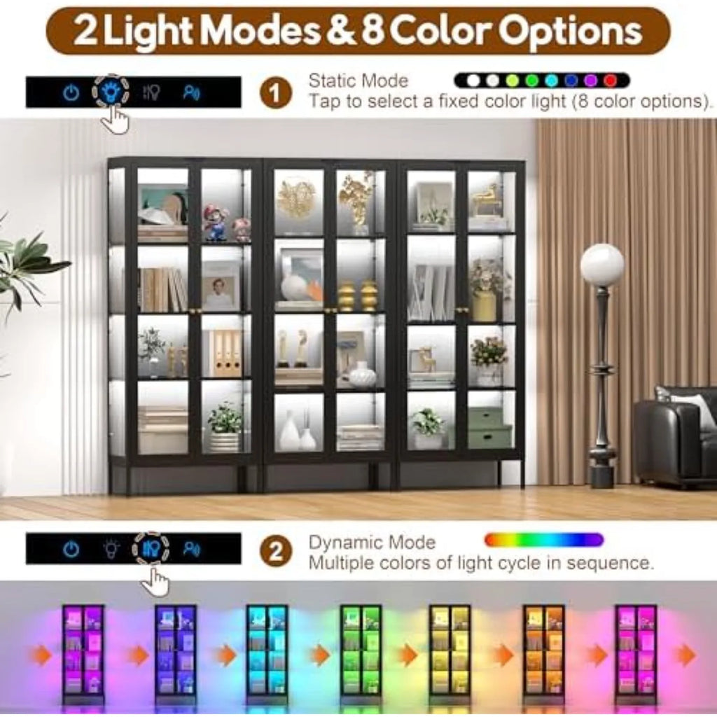 Display Cabinet with Glass Doors, Glass Display Cabinet with 8 Color LED Lights, Curio Display Cabinet with 3 Shelves
